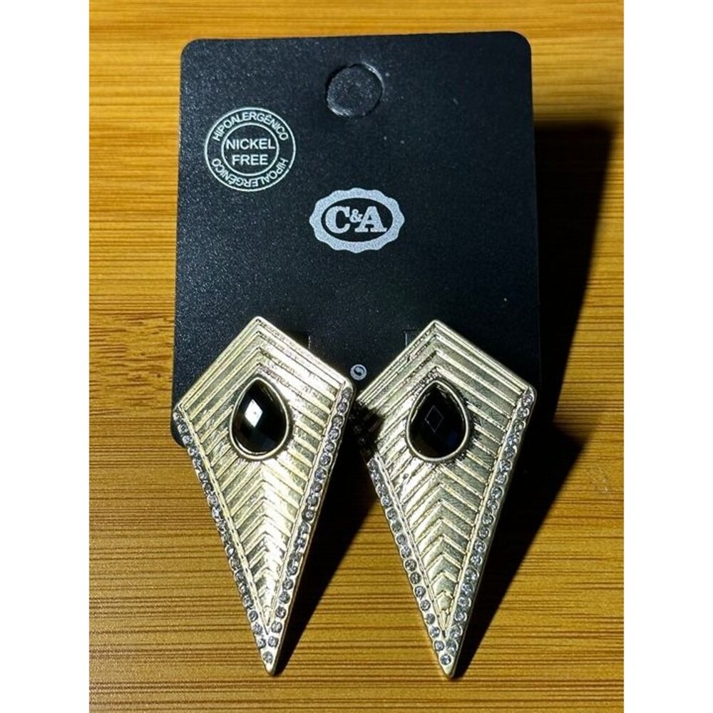 C&A Gold Tone Geometric Kite Dagger Drop Earrings Black Stone Rhinestone New